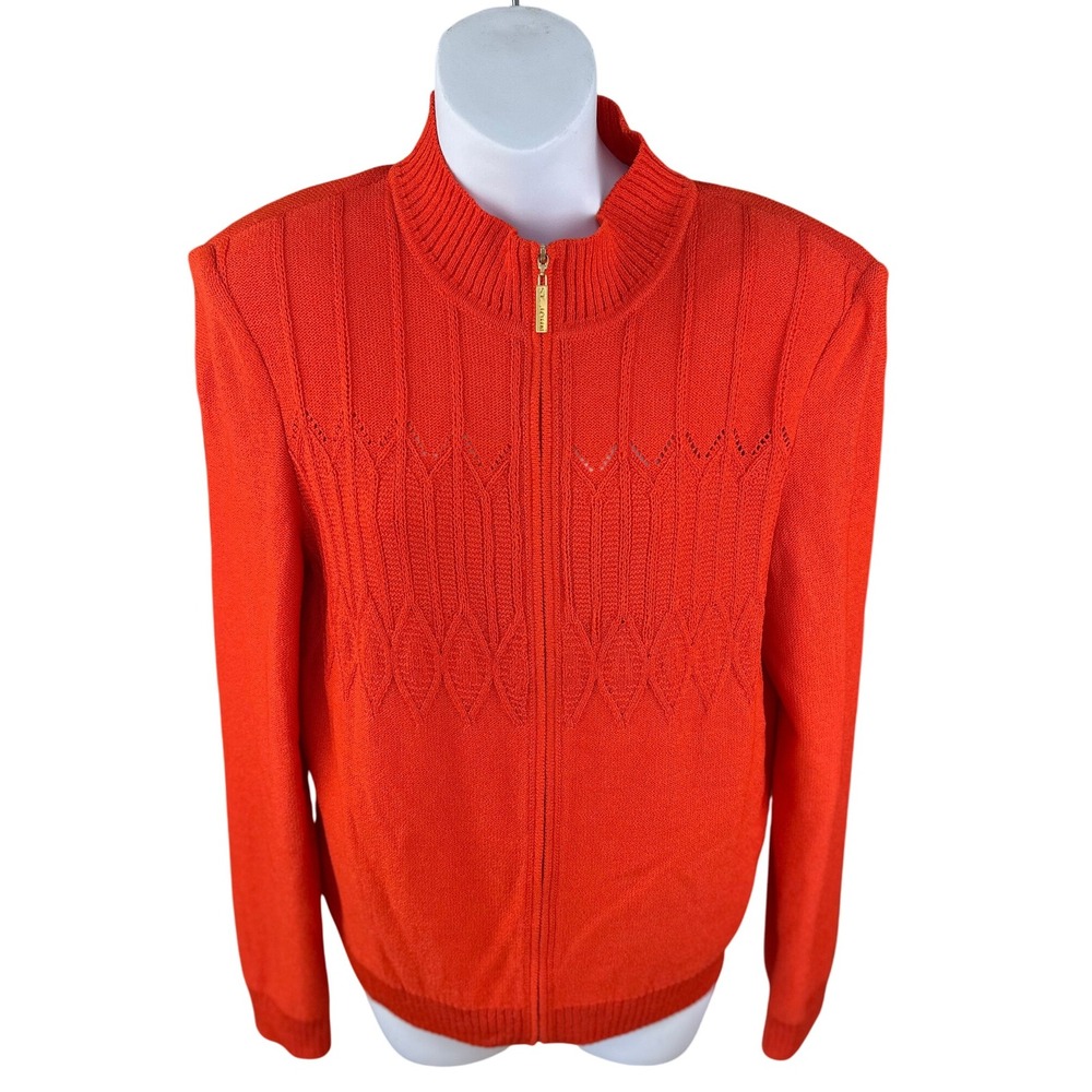ST JOHN Orange‎ Knit Zip Front Mock Neck Sweater Jacket Women's M